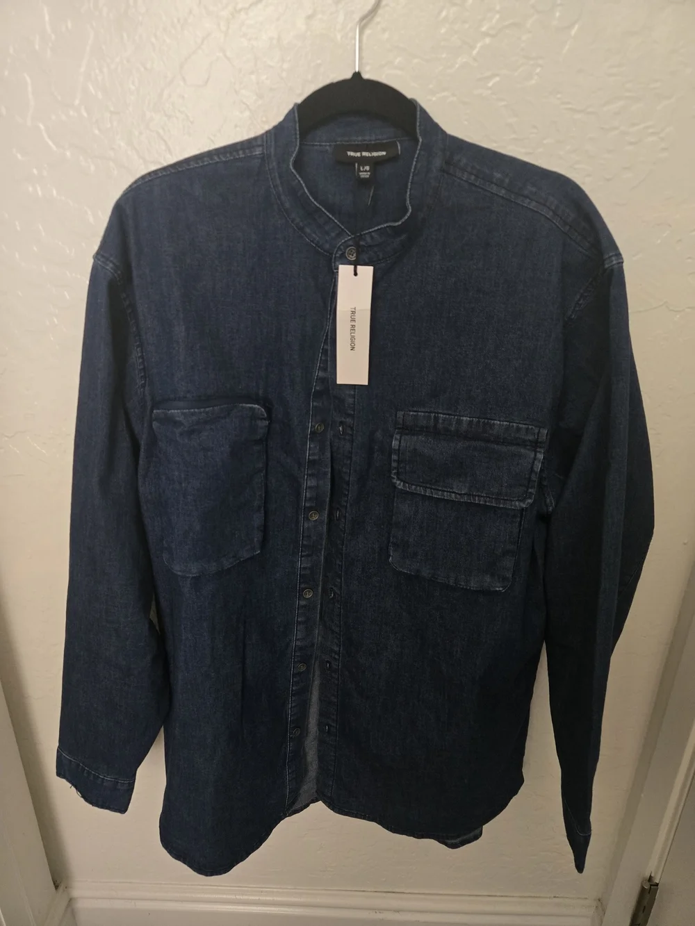 True Religion Men's Dark Indigo Denim Jacket - Band Collar